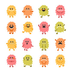 Set of cartoon hand drawn smiley monsters. Collection of differe