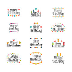 Set of Happy Birthday greeting cards. Cute postcard for your des