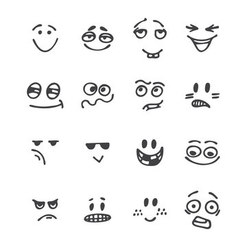 Set of hand drawn funny faces. Happy faces. Different emotions.