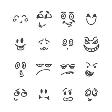 Set of hand drawn funny faces. Happy faces. Sketched facial expr