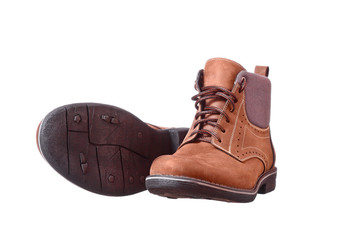 brown leather men's boots, over white background