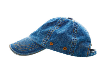 Jeans working peaked cap. Side view. Isolated on a white backgro