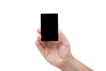 black card in a human hand isolated on white background