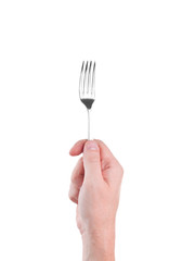 metal fork in a human hand isolated on white background