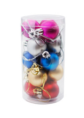 Christmas balls of different colors in transparent plastic box i