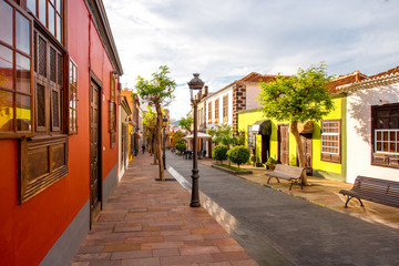 Street view with colorful buildings in the centre of Los Llanos city on La Palma island in Spain 