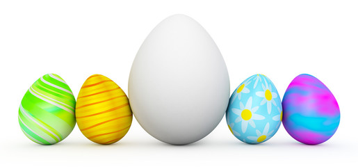 Line of colorful Easter eggs with large white egg