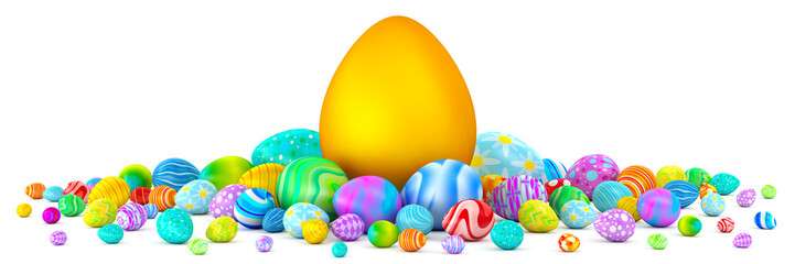 Pile of colorful Easter eggs surrounding a giant golden egg