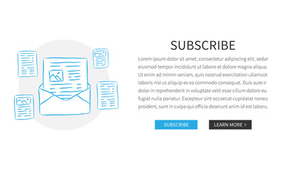 Vector web page Subscribe template with hand-drawn newsletters. Design concept illustration with white background.