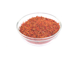 Saffron and bowl separated on white background