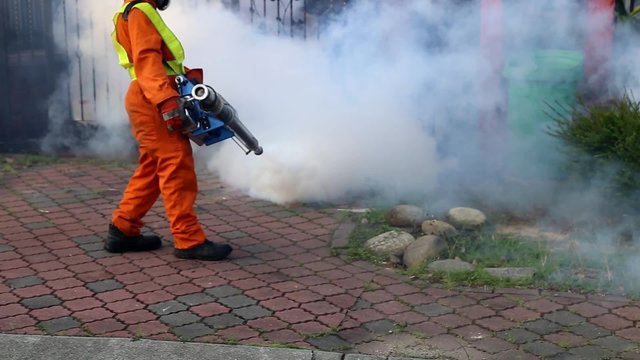 Worker fogging residential area with insecticides to kill aedes mosquito breeding ground, carrier of dengue virus