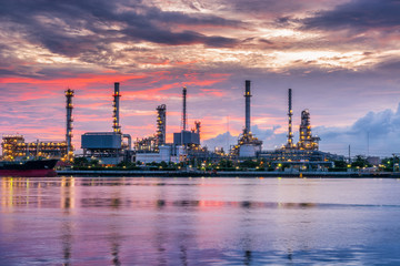 Twilight scene of oil refinery plant.