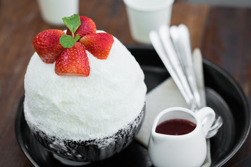 Shaved ice with milk and strawberry
