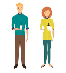 Boy and girl with paper cups of coffee. Flat illustration. Vector stock.
