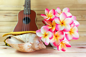 Obraz na płótnie Canvas flower plumeria or frangipani bunch in white cup with sea conch