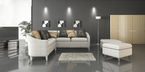 3d rendering L shape sofa in loft living room