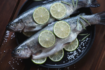 Close-up of raw fresh rainbow trout with sea salt and lime