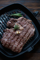 Close-up of grilled marbled beef rancho steak, studio shot