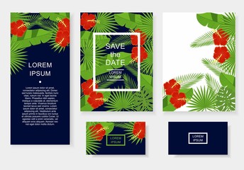 Template with tropical flowers and leaves. Pattern flyer, invitation, flyer, business card.