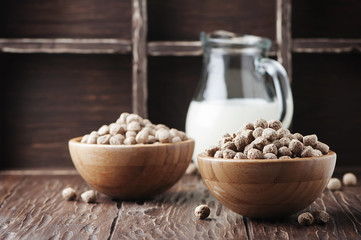 Concept of healthy breakfast with bran and milk