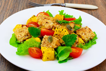 Pumpkin Salad, Suluguni Fried in Sesame, Cherry