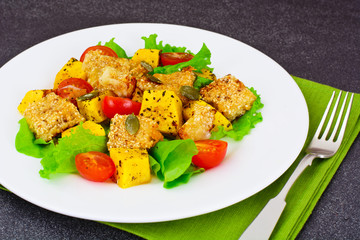 Pumpkin Salad, Suluguni Fried in Sesame, Cherry
