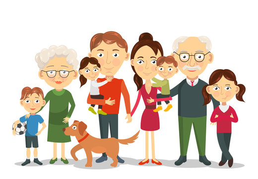 Big and happy family portrait with children, parents, grandparents  illustration