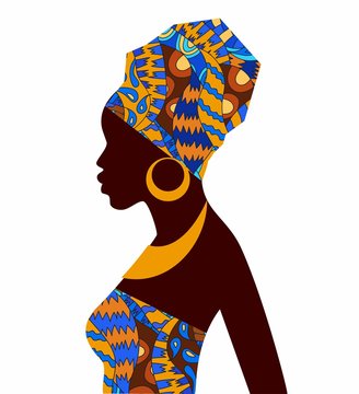 Silhouette Of African Girls In Bright Colored Turban On Her Head In Profile With Earrings.