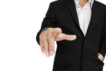 Businessman pointing finger, selective focus, isolated on white background