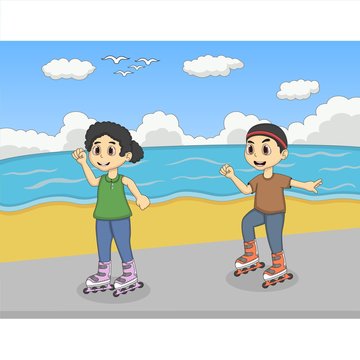 Children playing roller skate at the beach cartoon