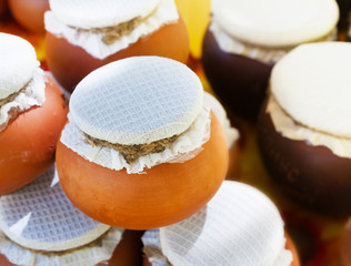 Clay pots of honey