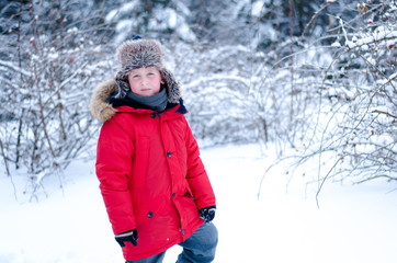 Fototapeta na wymiar Boy in a red parka in the winter forest
