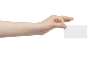 Obraz premium young female hand hold blank white paper card, isolated on white