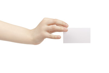 Obraz premium young female hand hold blank white paper card, isolated on white