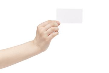 Obraz premium young female hand hold blank white paper card, isolated on white