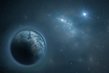 Fototapeta na wymiar Cosmos scene with blue planet, nebula and stars in space