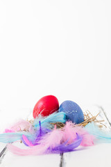 färgade ägg i fågelbo med påskfjädrar runtom