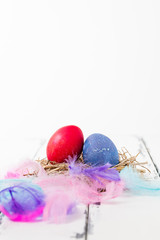 färgade ägg i fågelbo med påskfjädrar runtom