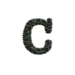Closeup pile of black stone in C english alphabet isolated on white background