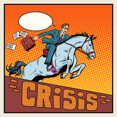 Businessman on a horse jumping barrier crisis