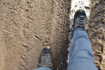 Hiking on muddy trail
