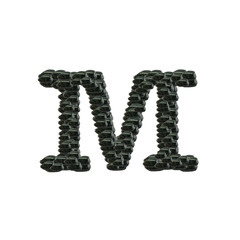 Closeup pile of black stone in M english alphabet isolated on white background