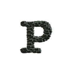 Closeup pile of black stone in P english alphabet isolated on white background