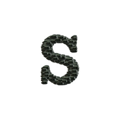 Closeup pile of black stone in S english alphabet isolated on white background