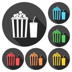 Popcorn and soda with straw icons set with long shadow