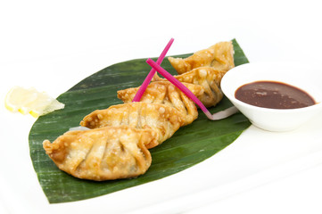 Japanese dumplings with lettuce on white background
