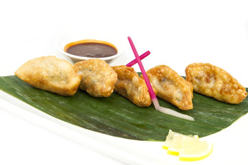 Japanese dumplings with lettuce on white background
