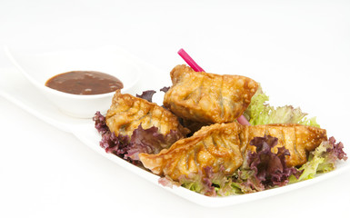 Japanese dumplings with lettuce on white background
