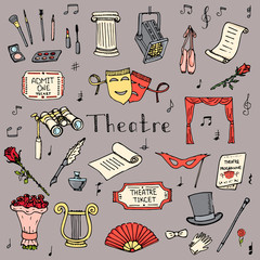 Fototapeta premium Hand drawn doodle Theater set Vector illustration Sketchy theater icons Theatre acting performance elements Ticket Masks Lyra Flowers Curtain stage Musical notes Pointe shoes Make-up artist tools