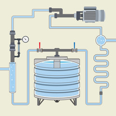 Scheme with water tank and pipes. Vector